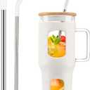 Glass Tumbler with Straw and Lid, 32 oz Glass Cup with Handle, Glass Water Bottles with Time Marker, Silicone Protective Sleeve - White