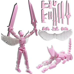 T13 3D Action Figures Set Titan 13 Action Figure Dummy 3D Printed Robo Multi-Jointed Movable Toy with Full Articulation for Collectors Desktop (Assembly Completed Pink White Figure + Dog)