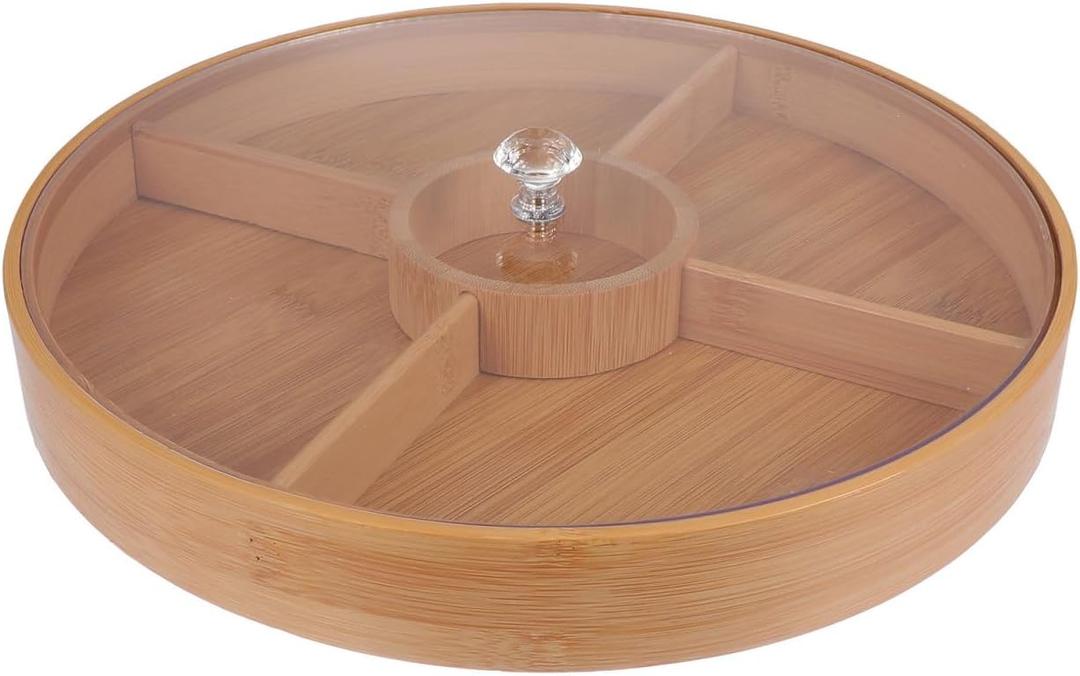 KICHOUSE Bamboo Nut Serving Tray with Lid 11.81X11.81X1.57In Divided Snack Dish Food Storage Plate for Dried Fruit Candy Appetizers Party Entertaining