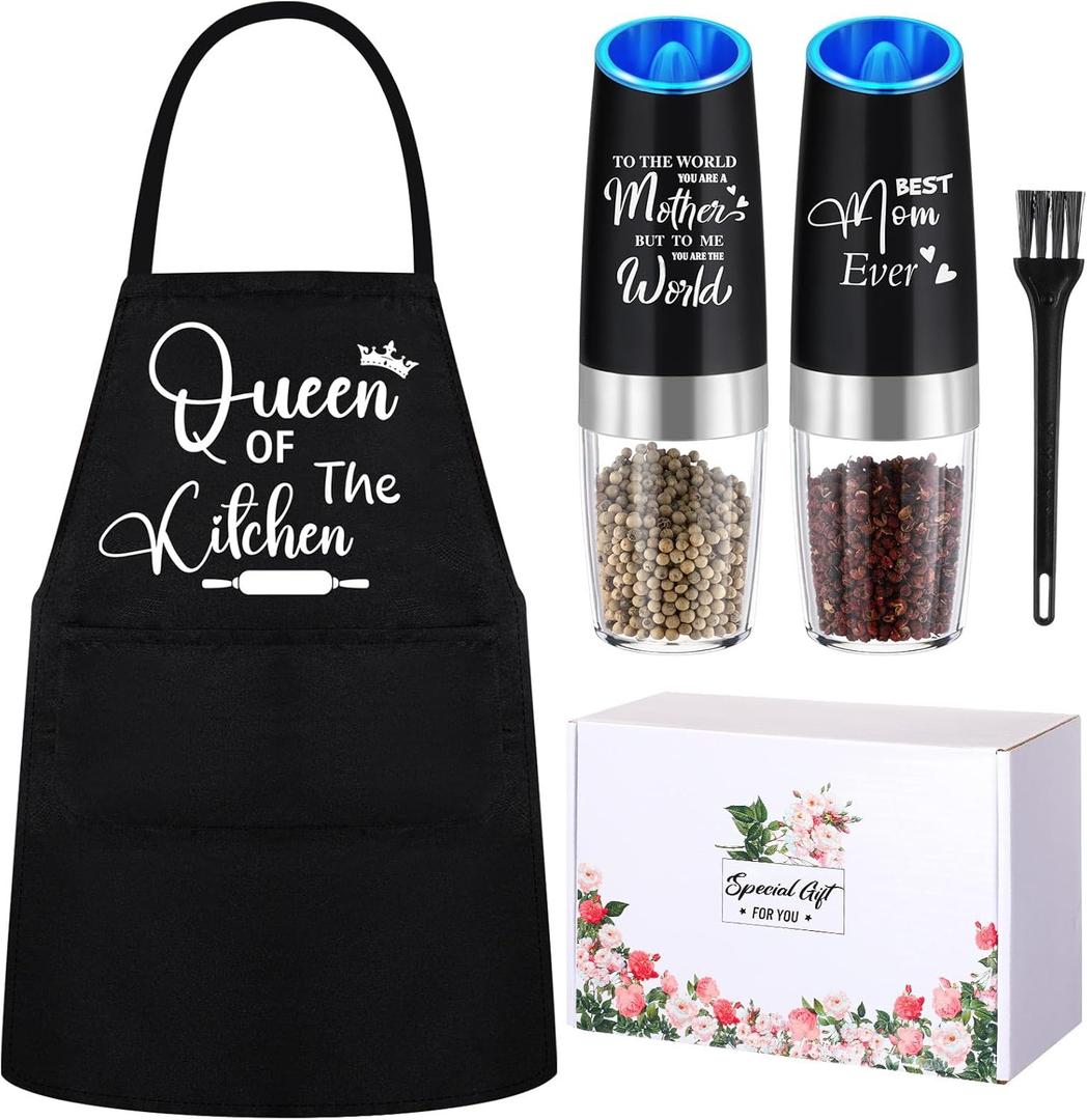 5 Pcs Christmas Mom Gifts, Mother Apron for Cooking Electric Pepper Mill Set with Gift Box Best Mom Ever for Birthday Christmas Holiday Thanksgiving