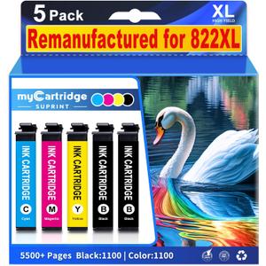 822XL Ink Cartridges Remanufactured Replacement for Epson 822XL Ink Cartridges 822 XL for Epson WF-3820 Printer WF-4820 WF-4830 WF-4833 WF-3823 Printer 5 Pack 822XL