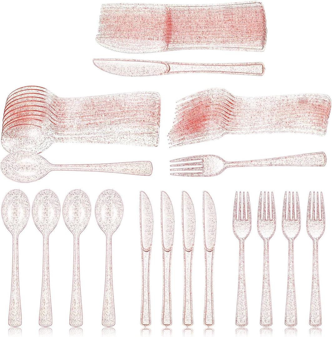 Youyole 150 Pcs Pink Plastic Silverware Set Disposable Flatware Christmas Silverware Includes 50 Forks 50 Spoons 50 Knives Glittery Plastic Cutlery Pink Utensils Set for Birthday