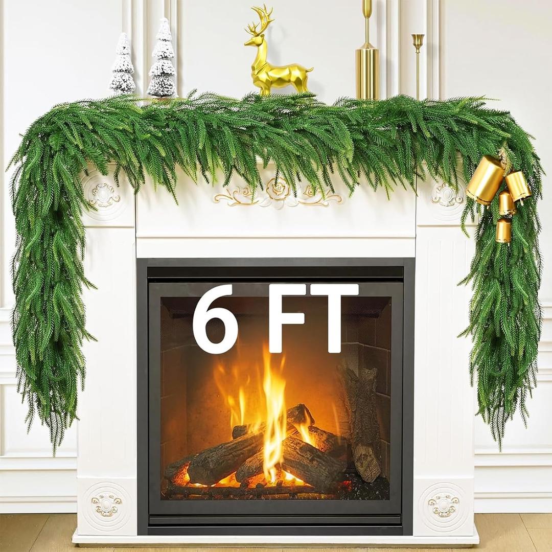 6 FT Christmas Garland Real Touch Norfolk Pine Garland Realistic, Christmas Faux Cedar Garland with Lights for Mantle Table Front Door Indoor Outdoor Holiday Christmas Decor