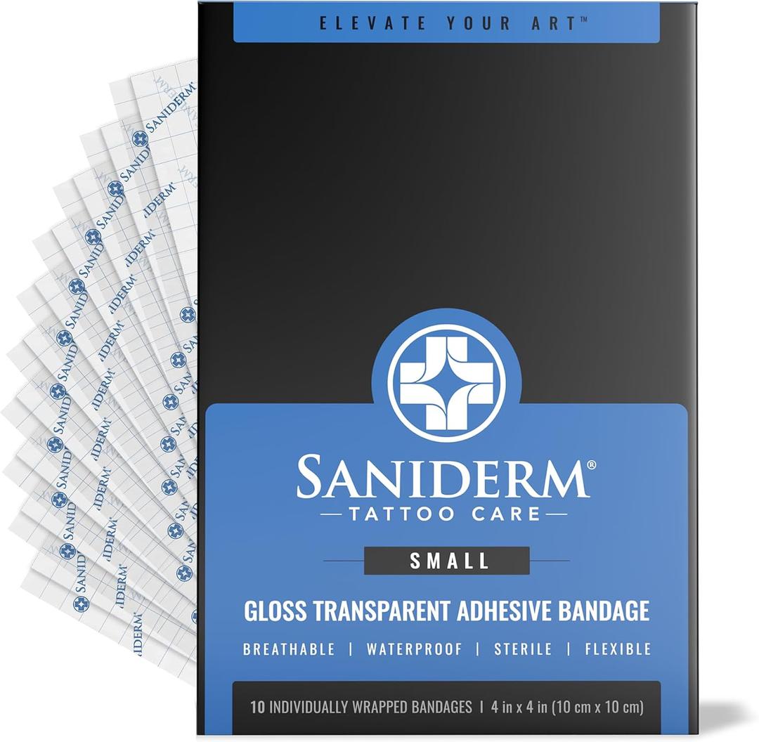 Saniderm Tattoo Aftercare Bandage 10 Sheets (Small Pack, 4 in x 4 in) Convenient, Faster Tattoo Healing and Protection Sterile, Waterproof, and Latex-Free