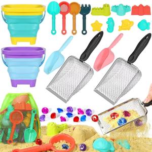Beach Sand Toys for Kids,Sand toys with 2 Collapsible Beach Bucket,2 Beach Sifter Shovel,Sand Shovel Set,Sand Castle Kit,Sea Animal Molds,Diving Gem Pool Toy,Mesh Bag Travel Toys for Toddler 3-10