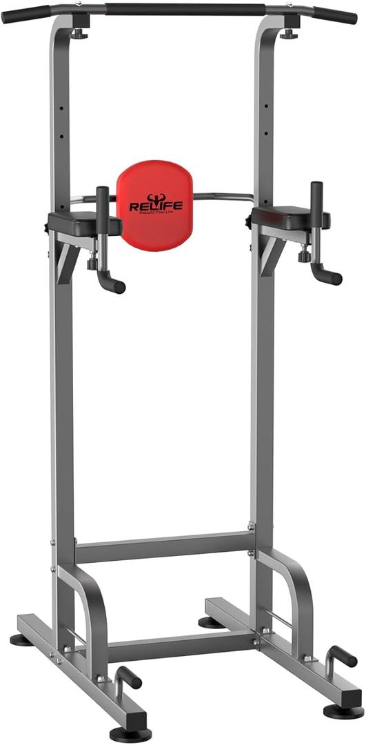 RELIFE REBUILD YOUR LIFE Power Tower Pull Up Bar Station Workout Dip Station for Home Gym Strength Training Fitness Equipment (Silver)