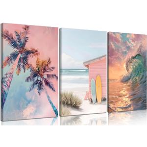 3Pcs Coastal Summer Surf Canvas Wall Art Preppy Aesthetic Tropical Beach Painting Picture Wall Decor Palm Trees Surfboard Waves Poster Print Artwork for Bathroom Bedroom Living Room Home Decoration