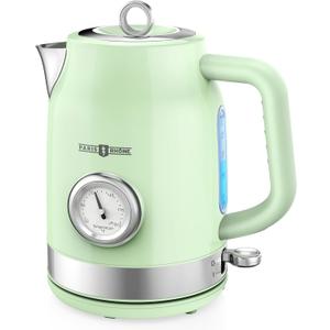 Retro Electric Kettle, PARIS RHNE 1.7L Hot Tea Kettle with Thermometer, 1500W Fast Heating, Cordless Design, LED Indicator, Auto Shut-Off & Boil Dry Protection