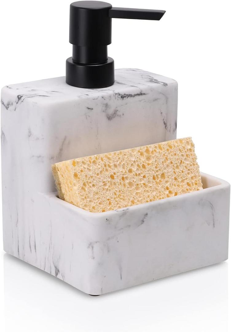 zccz Soap Dispenser with Sponge Holder, Marble Look Liquid Hand and Dish Soap Dispenser Pump Bottle and Sponge Holder 2 in 1 for Kitchen Sink Bathroom Counter Storage and Organization (2 in 1, White Marble Look)