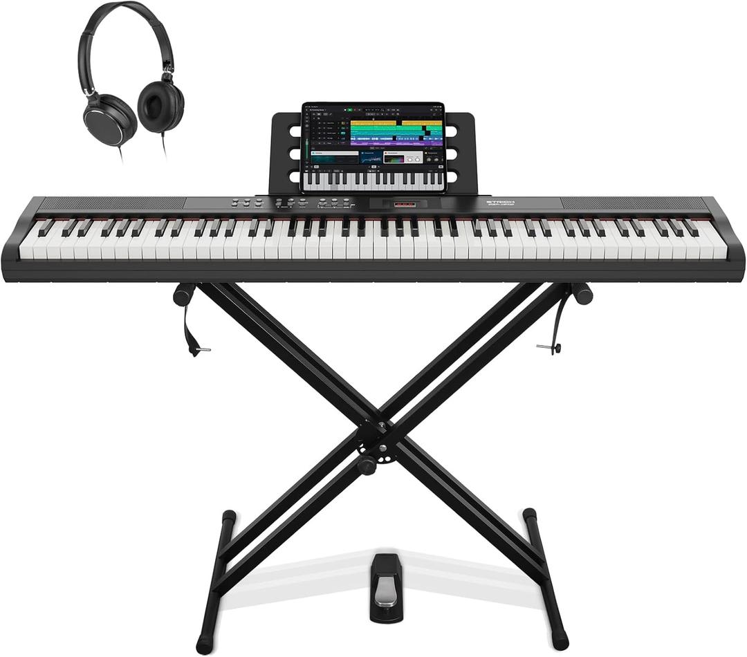 STRICH 88 Key Digital Piano Full Size Electric Keyboard with Stand, Semi-Weighted Sensitive Keys, Portable Electric Piano Set for Beginner, Bundle with Sustain Pedal, Headphones, Music Rest, SEP-150S