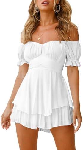 Fixmatti Women Boho Romper Off Shoulder Ruffle Chiffon Shorts Jumpsuit Playsuits L/XL
