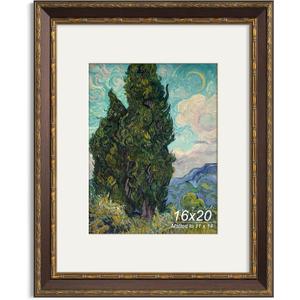 Yaetm 16x20 Vintage Picture Frame, Ornate Antique Bronze 16x20 Frame for Wall, White Mat for 11x14 Photos, 1.4-inch Wide Molding - Portrait or Landscape - Wall Mount for Home (Brown/Gold, Single)