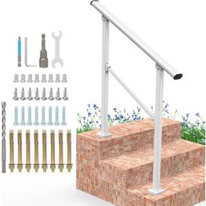 Signstek Handrails for Outdoor Steps, 3 Step Hand Rail Fit 2 or 3 Steps Outdoor Stair Railing, Metal Porch Railing, Deck Handrail, Black Wrought Iron Hand Rails kit for Concrete, Porch Steps, Upgrade