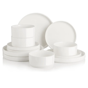Sweejar Porcelain Dinnerware Sets for 4, 12 Pieces Ceramic Plates and Bowls Set, Classic Modern Simple Kitchen Dinner Dining Ware Set, Dishwasher and Microwave Safe Dishes Sets(Pure White)