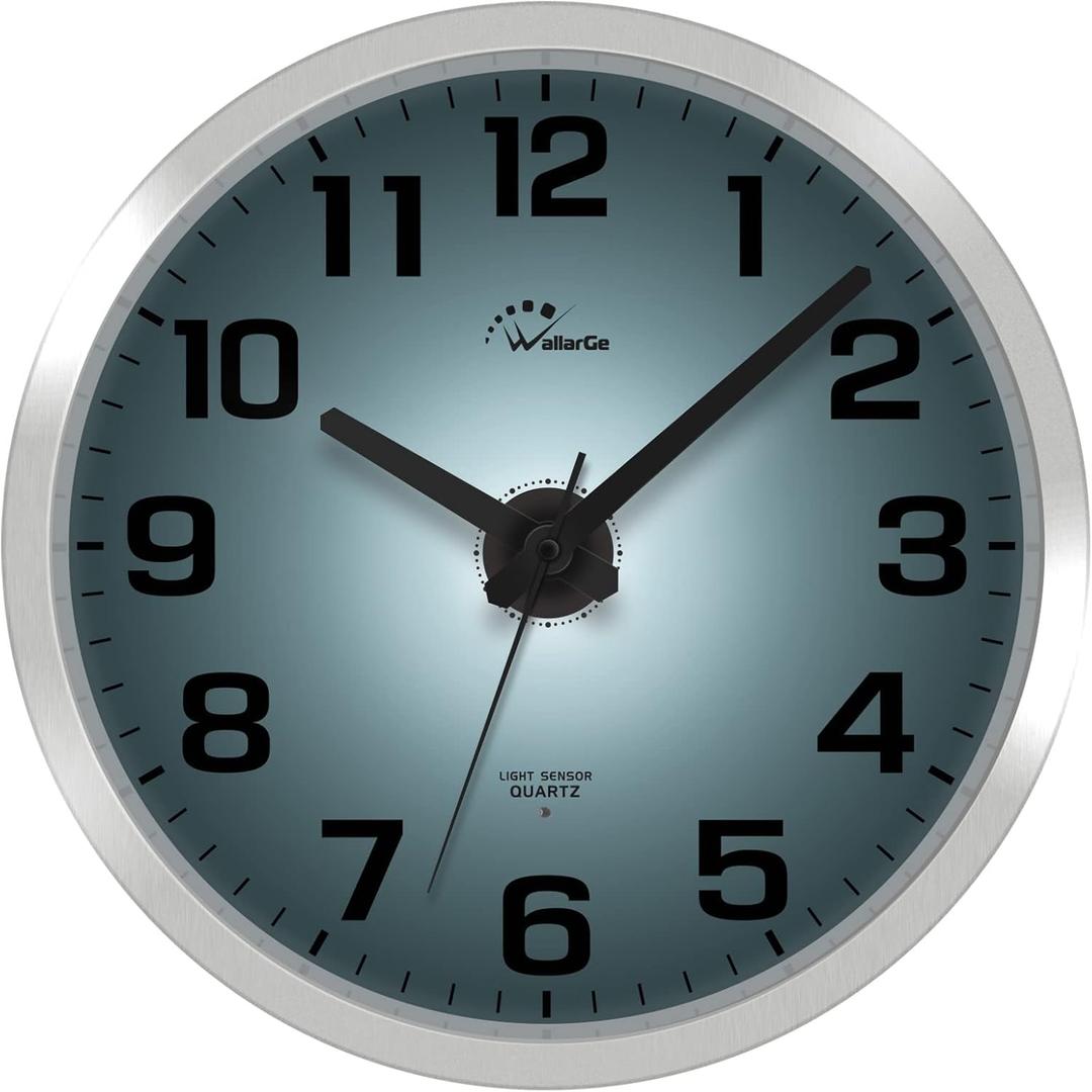WallarGe Night Light Wall Clock for Bedroom - Silent Lighted up Wall Clock Glow in The Dark, Battery Operated Wall Clocks for Living Room/Kitchen, Easy to Read Large Digital Display, 12 Inch (Silver)