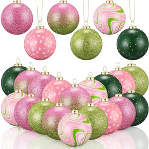 Sosation 24 Pcs Pink and Green Christmas Ball Ornaments 2.4 Inch Glitter Christmas Tree Hanging Ornament Pastel Hanging Bulbs Pendants for Xmas Holiday Party Decoration