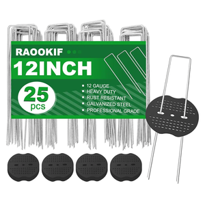 RAOOKIF Landscape Staples 12 Inch, 25 Pcs Galvanized Landscape Stakes with 25 Pcs Gaskets, 11 Gauge Heavy Duty U-Shaped Garden Staples for Weed Barrier Fabric, Tent, Lawn, Fence, Outdoor Decor