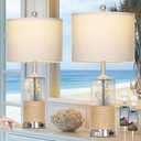 25" Coastal Glass Lamps Set of 2, Touch Control 3-Way Dimmable Night Light Modern Table Lamp with USB A+C Ports & AC Outlets Linen Fabric Shade for Living Room Bedroom Silver Ocean(LED Bulbs Included)