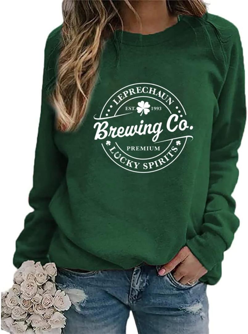 Irish Lucky St Patrick's Day Sweatshirts Women's Vintage Leprechaun Graphic Tees (Large, Green)