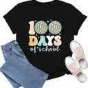 Women 100 Days of School Shirt 100th Day of School T-Shirts Teacher Life Tee Tops (Large, Black)
