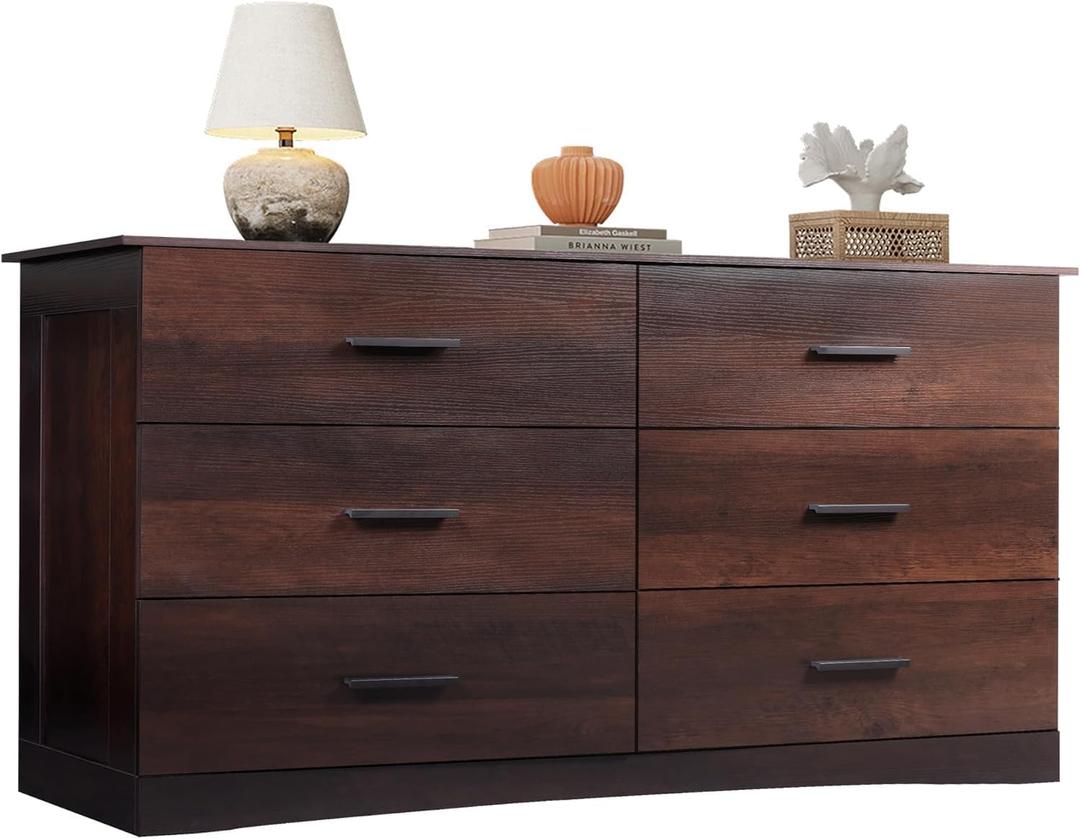 WLIVE Wood Dresser for Bedroom, Wide Chest of Drawers with 6 Drawers, Large Brown Storage Tower Unit, Modern Minimalist Closet Store Organizer for Living Room, Hallway