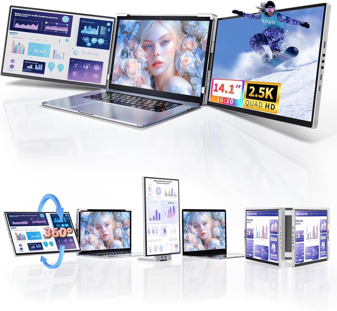 Laptop Screen Extender Monitor Portable - 2.5K Triple Laptop Screen Extender, Plug and Play Multiple Screens Extended Fits 13-17.3 Inch Laptops Compatible with, Windows, Chrome, Dex (Silver)