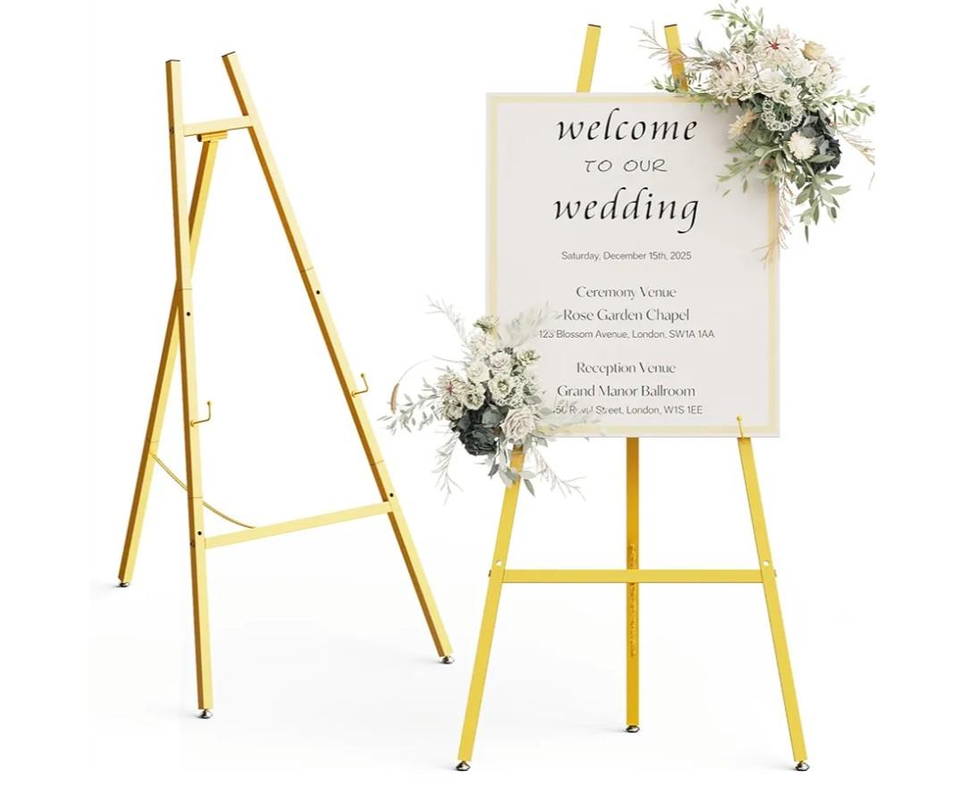 Gold Easel Stand for Sign, Heavy Duty Metal Display Easel with Adjustable Chain, Art Easel for Painting, Wedding Sign, Posters & Commercial Display