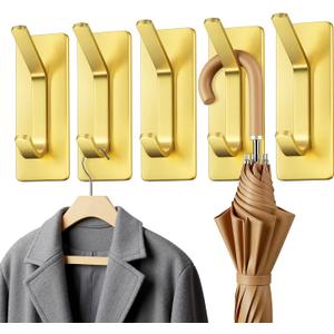 Auxmir 5 Pack Self Adhesive Hooks for Hanging 15lb, Wreath Hanger for Front Door, Stainless Steel Towel Hooks for Wall, Waterproof Rustproof Adehesive Coat Hooks for Bathroom Kitchen Office RV, Gold (3.15"x1.18"-Gold)
