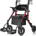 Walkers for Seniors with Seat, Walker Wheelchair Combo, 2 in 1 Rolling Walker Transport Wheelchair Lightweight Foldable, 10" Big Wheels Transport Chair with Brakes,Red
