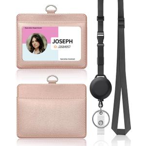 Uniclife Horizontal Rose Gold Leather ID Badge Holder and Retractable Adjustable Lanyard Breakaway Neck Lanyard with Retractable Badge Reel Quick-Release Buckle and Card Protector