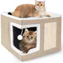 Cat Houses for Indoor Cats - Large Cat Bed Cave with Scratch Pad and Fluffy Ball, Foldable Cat Condo Hideaway with Reversible Cushion for Multi Small Pet, Khaki
