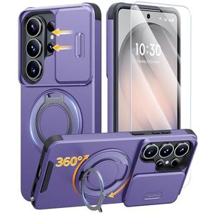 JAME for Samsung Galaxy S26 Ultra Case, Ring Holder Stand Kickstand, Slide Camera Cover with Screen Protector, Dual-Layer Shockproof Protective Magnetic Accessory Friendly S26 Ultra Phone Case, Purple