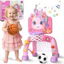 Liberry Toddler Basketball Hoop & Soccer Goal for 1 2 3 Year Old Girls Boys, Kids Sports Toy with Lights Sounds Music, Interactive Christmas Birthday Gift for Baby, Pink