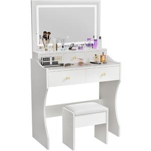 Vanity Desk, Makeup Vanity with Mirror and Lights, 80cm Vanity with Stool