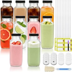 16 oz Glass Juice Bottles with Lids,Sqaure Juicing Bottles Reusable Glass Drinking Jars Set of 10,Empty 500ml Juice Containers Glass Bottles for Smoothies,Water,Kombucha