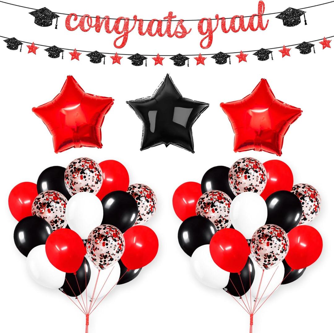 2 x KatchOn, Red and Black Grad Decoration 2025 set - Pack of 37 | Congrats Grad Banner for 2025 Graduation Party Decorations | Graduation Decorations 2025 Red