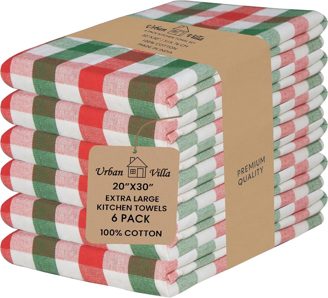 Urban Villa Christmas Set of 6 Kitchen Towels 2030 Inch 100% Cotton Highly Absorbent Dish Towels Premium Quality Ultra Soft Bar & Tea Towels with Mitered Corners- Red/Green/White