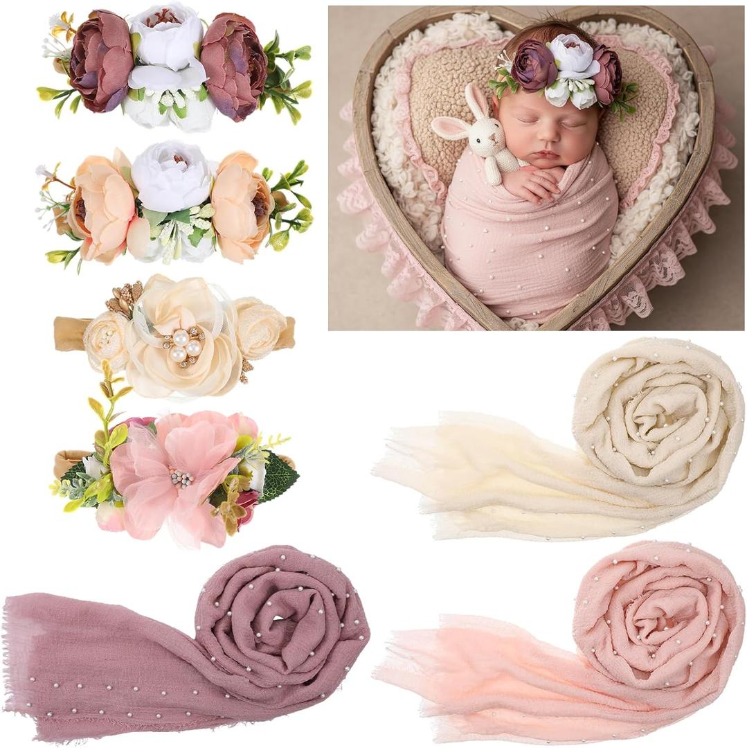 7 Pcs Baby Photoshoot Props Wrap Kit 3 Pieces Newborn Photography Props 4 Pieces Baby Flower Headband Photo Supplies