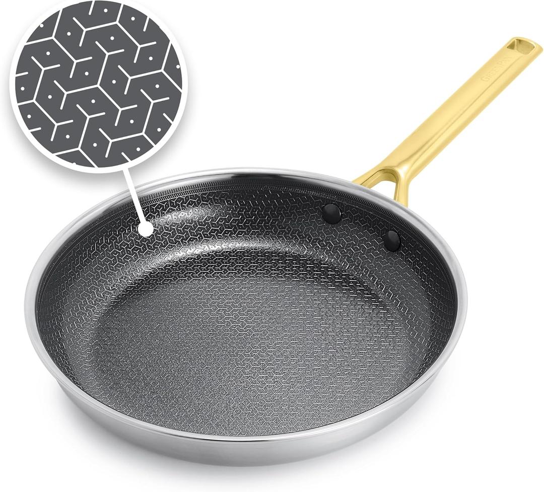 GreenPan Hybrid 10 Nonstick Stainless Steel Frying Pan Skillet, APEX Tri-Ply Thermobond PFAS-Free Ceramic Cookware, Induction & All Cooktop Compatible, Oven Temp to 850F, Dishwasher Safe, Gold