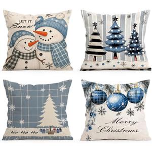 BEWQ Blue Chritstmas Pillow Covers 18X18 inch Set of 4, Chritstmas Tree Snowman Outdoor Throw Pillow Cases Decorative Cushion Covers for Home Couch Sofa Car Winter Decor