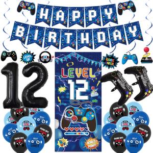 Vlipoeasn Blue 12th Birthday Decorations for Boys, Video Game Level 12 Banner Backdrop Hanging Swirls for 12th Birthday Party, Gamer 12 Years Old Party Supplies
