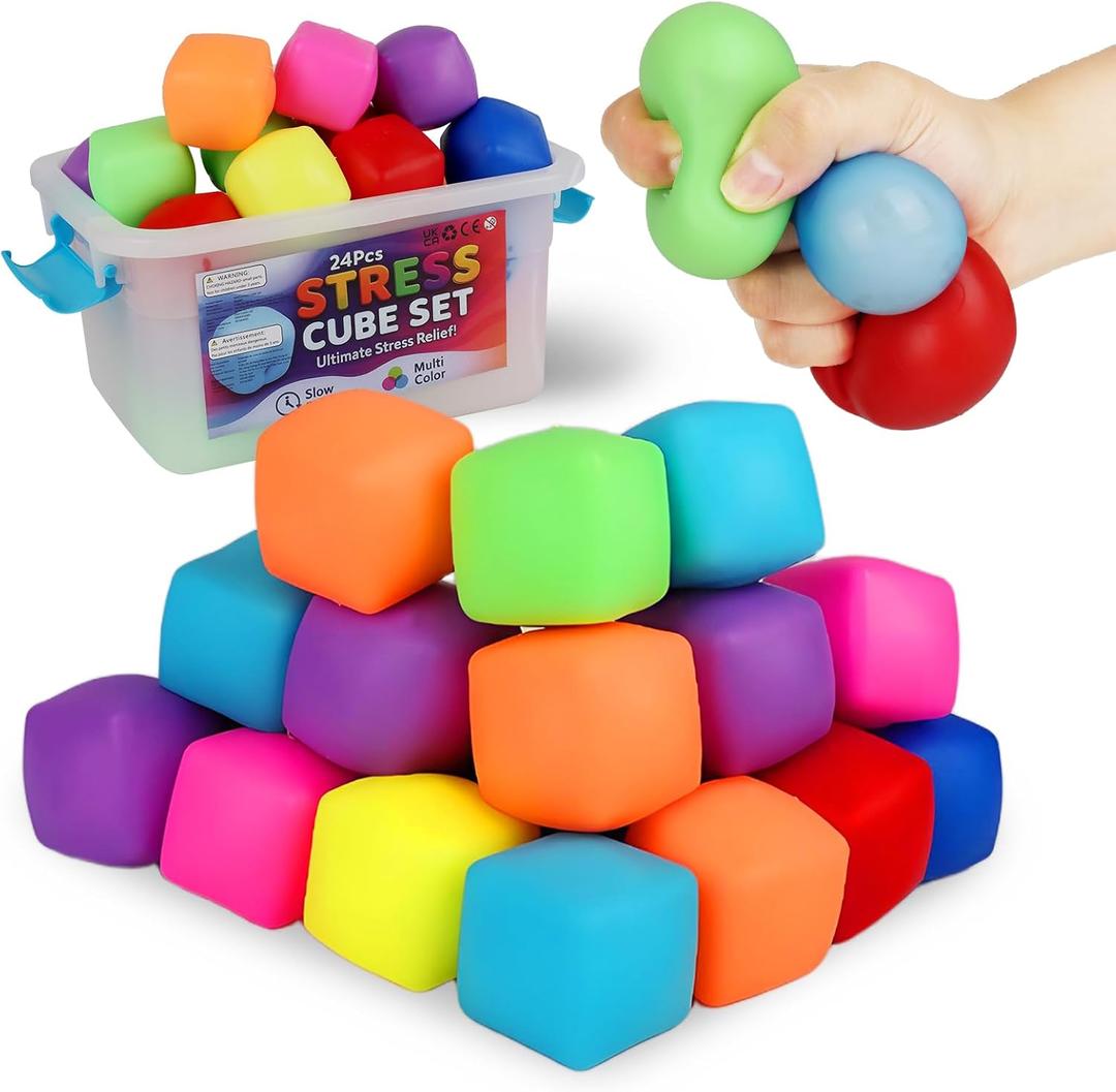 Stress Cubes Stress Balls 24Pack Mini Bulk Sensory Fidget Toys Squishies Balls for Kids Adults Squishies, Party Favors & Anxiety Relief  Slow Rising, Non-Toxic Desk Toys for Classrooms