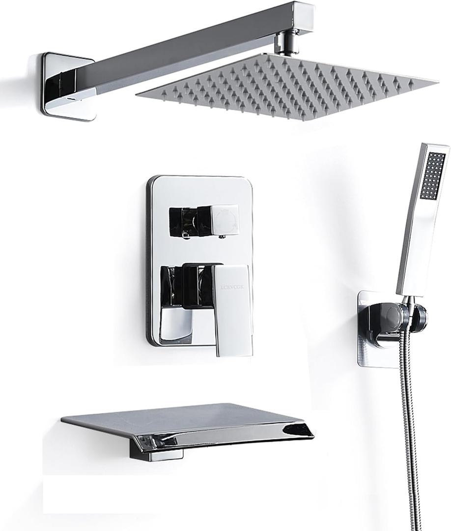 8 Inch Shower Faucet Set, Rainfall Shower System with High Pressure Handheld Shower Head, Bathroom Mixer Shower Set Wall Mounted Shower Faucet Rough-in Valve and Trim Kit, with Tub Spout (Polished Chrome)