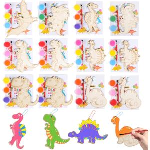 Dinosaur Party Favors for Kids 12 Pack Dino Painting Kits Wooden Keychains Arts and Crafts for Kids, Birthday Party Rerturn Gifts Goodie Bag Filler Pinata Stuffers Activities Toy Classroom Prizes
