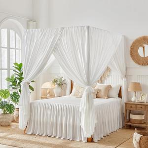 Canopy Bed Curtains - 4 Corners Post Ruffle Princess Bed Canopy Elegant Cozy Drape Netting 4 Opening Mosquito Net for Girls Adults Bedroom Beautiful Decoration - Easy Installation Twin White, 35"W x 78.7"L