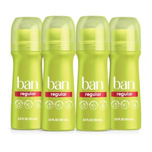 Ban Invisible Roll-on Antiperspirant Deodorant for Women and Men, 24-hour Underarm Odor & Sweat Protection, Regular Scent, 3.5 Oz, Pack of 4