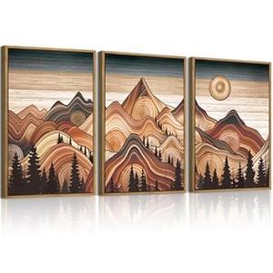 IARTTOP Mountain Framed Canvas Wall Art Set of 3 Vintage Modern Mountain Sun Wall Painting Nature Scenery Print Abstract Tree Ring Wall Decor for Living Room Bedroom Office-16x24 Inch