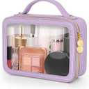 Soimeat Clear Makeup Bag, Portable Travel Cosmetic Bags, Multipurpose Leather Toiletry Bag with Zipper, Waterproof Transparent Cosmetic Organizer for Women, Medium, Purple