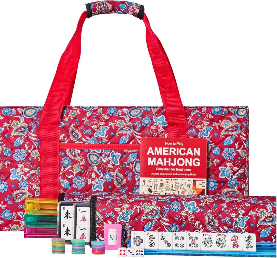 American Mahjong Set, Mahjong Tiles Set, Red Bag, 166 White Tiles, 4 All-in-One Rack/Pushers (Ma Jong, Mah-Jongg, Majiang)