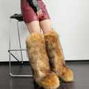 Tall Furry Faux Fur Boots for Women,Winter Snow Fluffy Long Boots for Girls,Knee-High Flat (Brown)